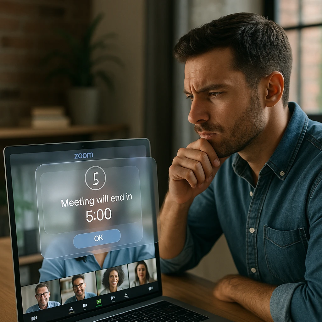 Professional businesswoman looking frustrated as Zoom meeting timer shows 5 minutes remaining during important presentation