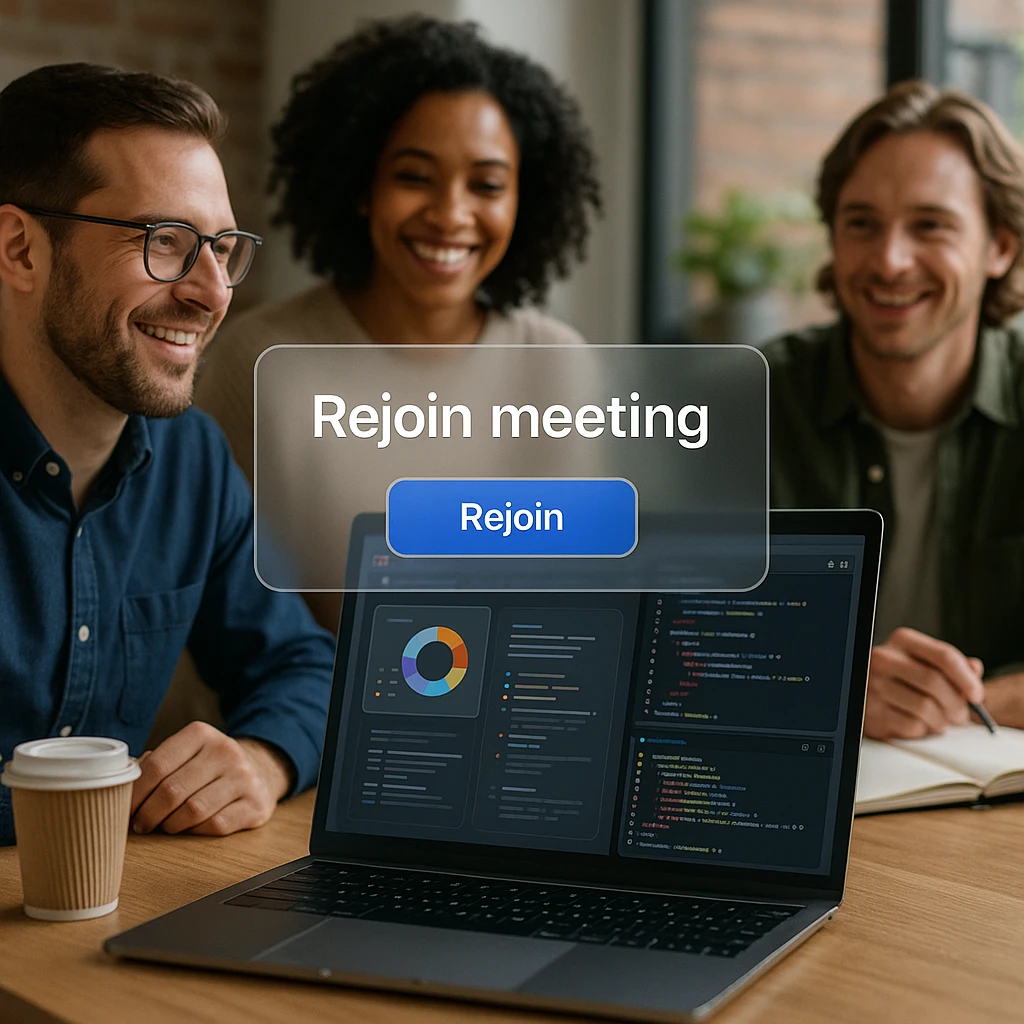 Team members seamlessly rejoining a Zoom meeting on multiple devices after successful restart workaround