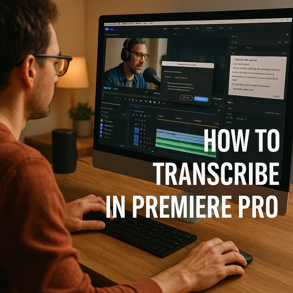 Text-Based Editing workflow in Adobe Premiere Pro with timeline and transcript panel side by side