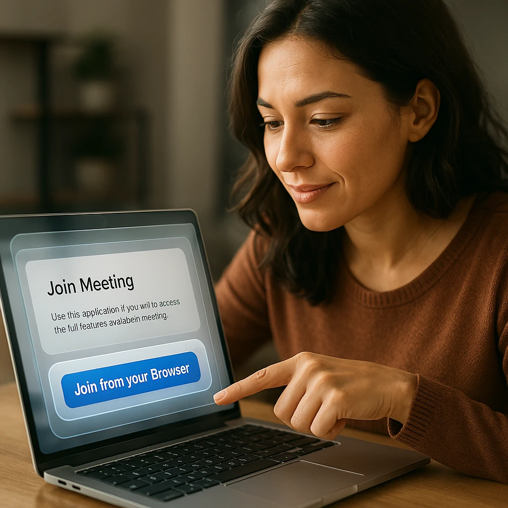 Professional businesswoman clicking 'Join from Browser' link on laptop screen during video conference setup