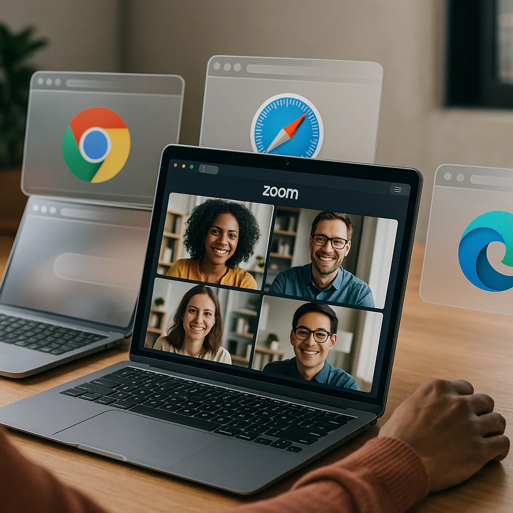 Multiple business professionals successfully joining Zoom meeting from different browsers on various devices