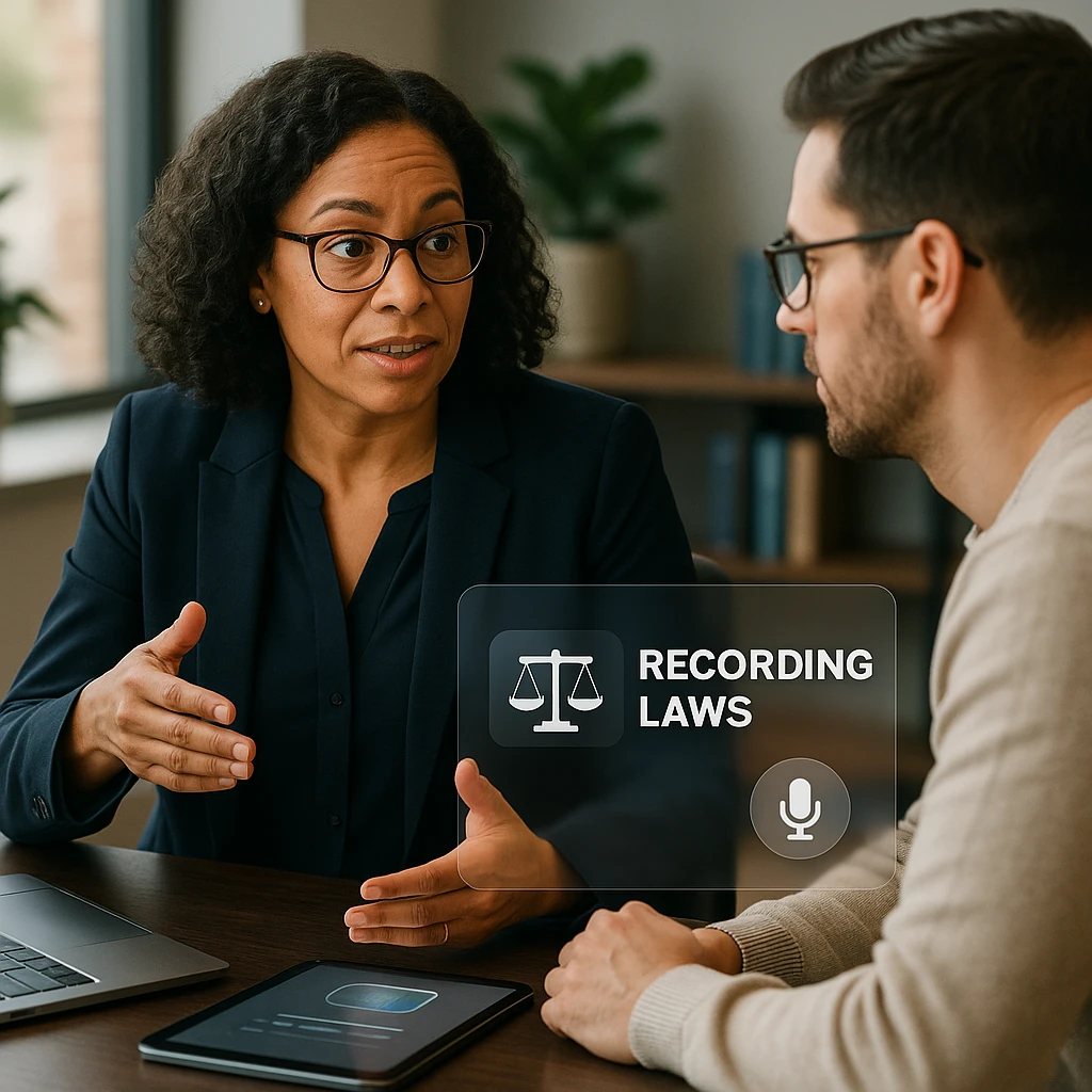 Legal consultation scene with privacy lawyer explaining recording laws to client using state law documents and consent forms - warm professional office environment