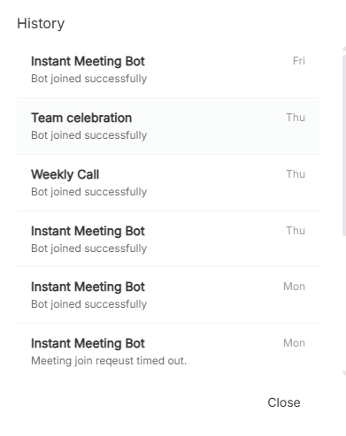 Meeting history and status in ScreenApp