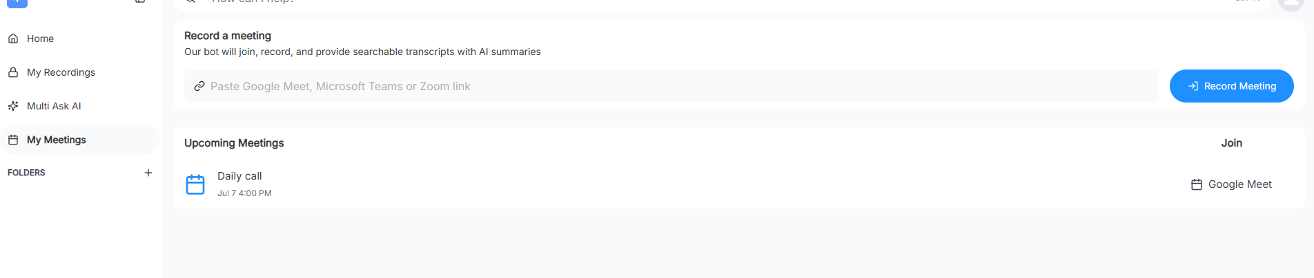 Upcoming meetings synced from calendar in ScreenApp
