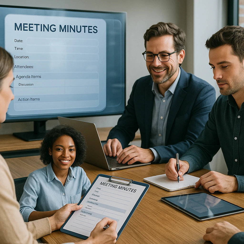 Professional business meeting with team members taking structured notes using meeting minutes template