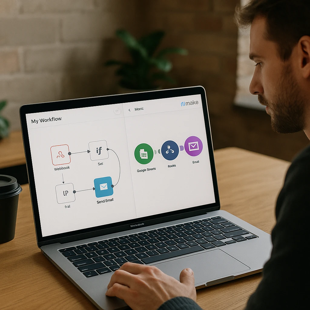 Advanced workflow automation interface showing n8n node-based editor and Make's visual scenario builder