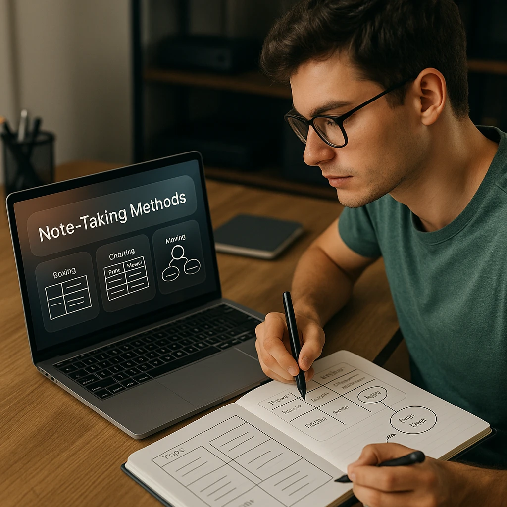 Student using different note taking methods including boxing, charting, and mapping techniques on laptop and paper
