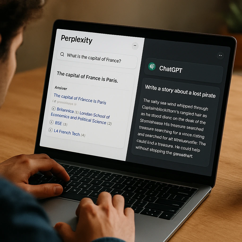 Comparison interface showing ChatGPT's creative writing capabilities versus Perplexity's research-focused approach