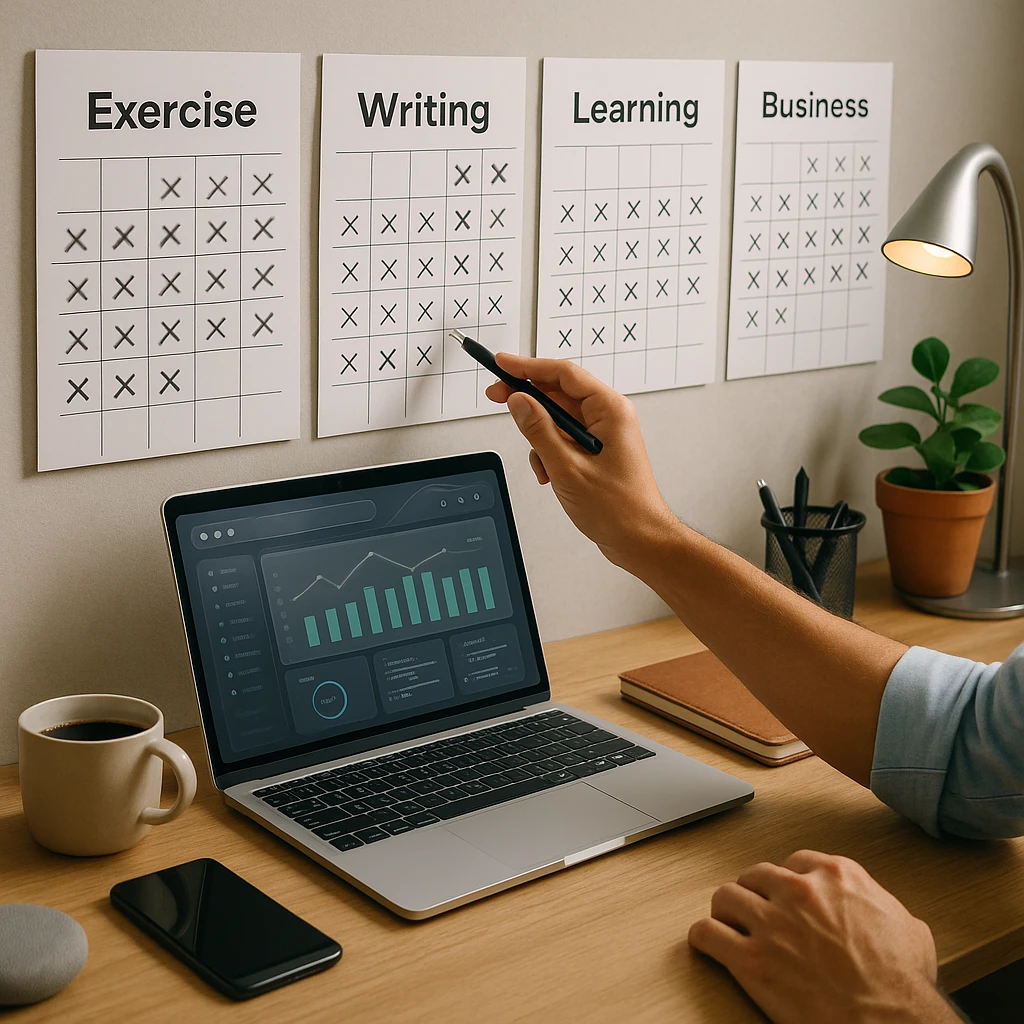 Organized workspace with multiple calendars showing different habit chains for exercise, writing, learning, and business activities