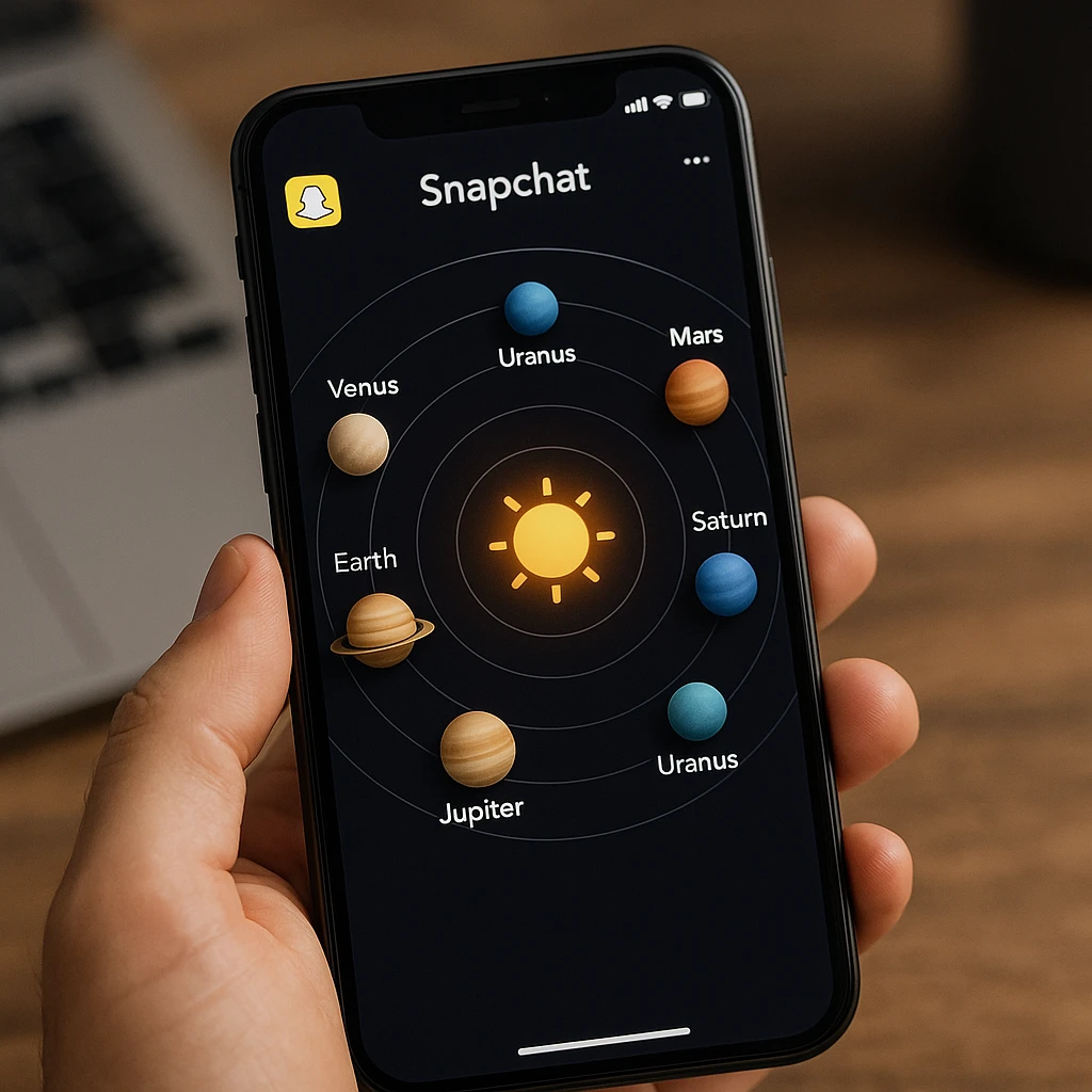 Snapchat app interface showing solar system planets with Mercury Venus Earth Mars Jupiter Saturn Uranus Neptune orbiting around a central sun icon