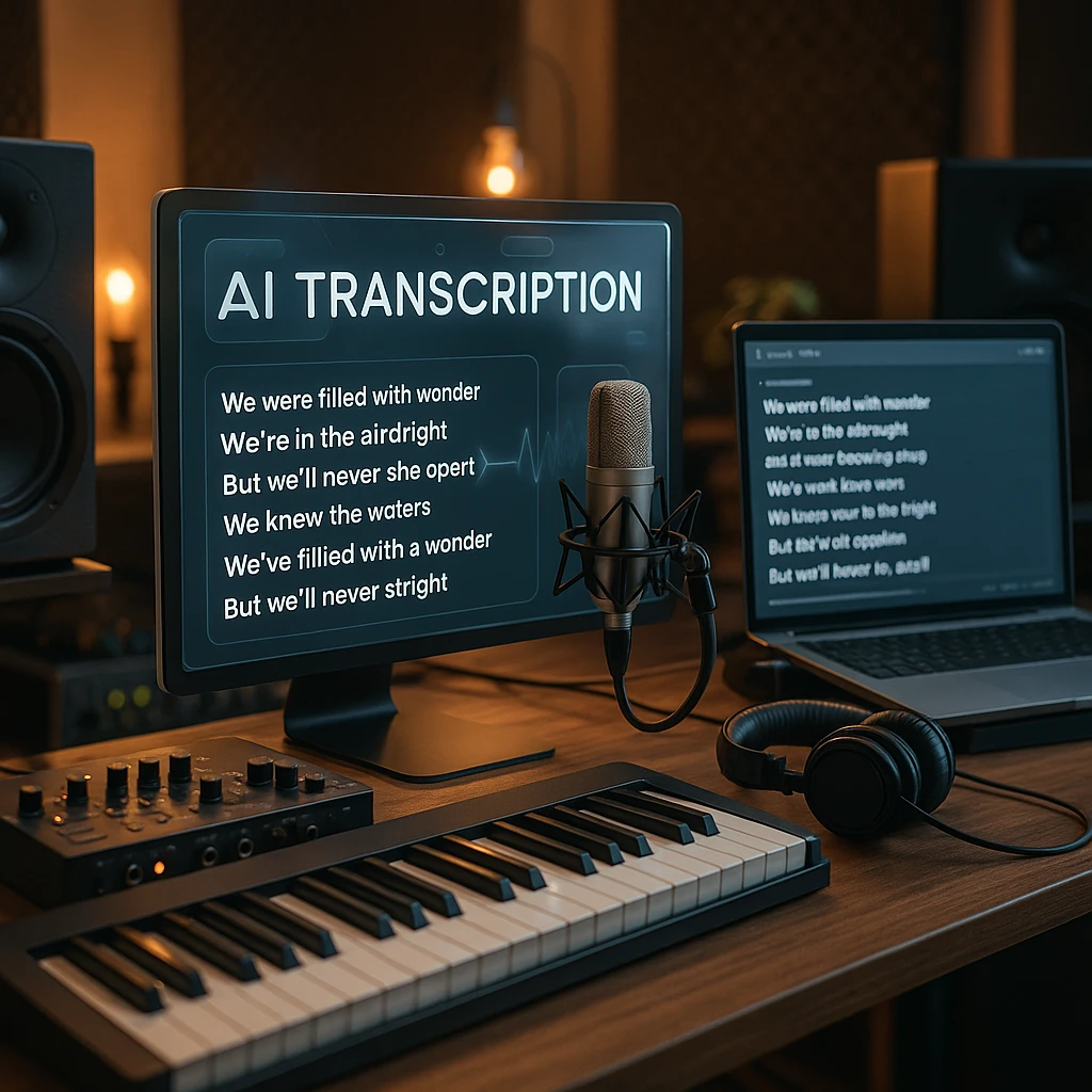 Professional music studio setup with AI transcription software displaying lyrics on multiple screens with audio equipment