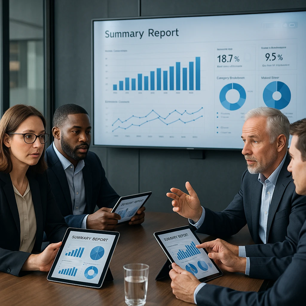 Professional meeting room with executives reviewing summary reports on tablets and discussing key findings displayed on presentation screen
