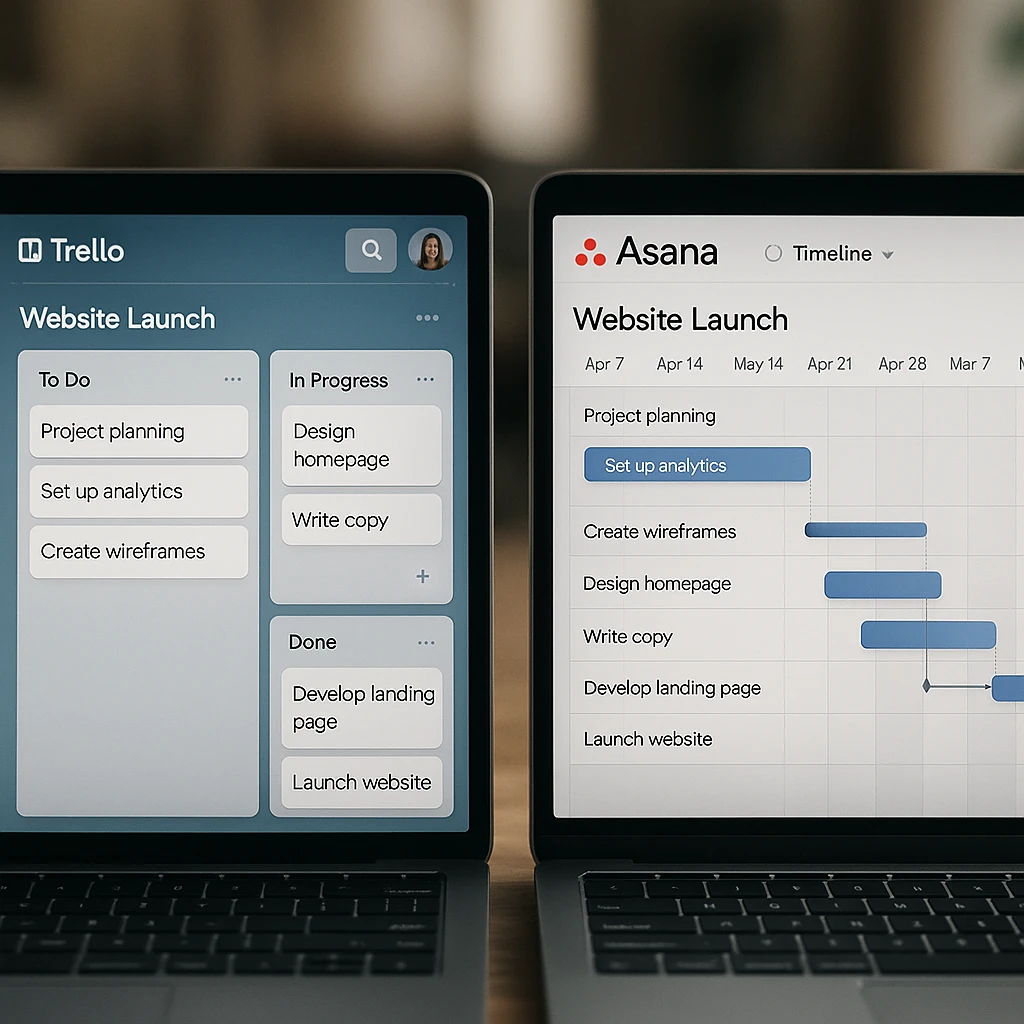 A modern split-screen comparison showing Trello's Kanban board and Asana's Timeline view for a website launch project