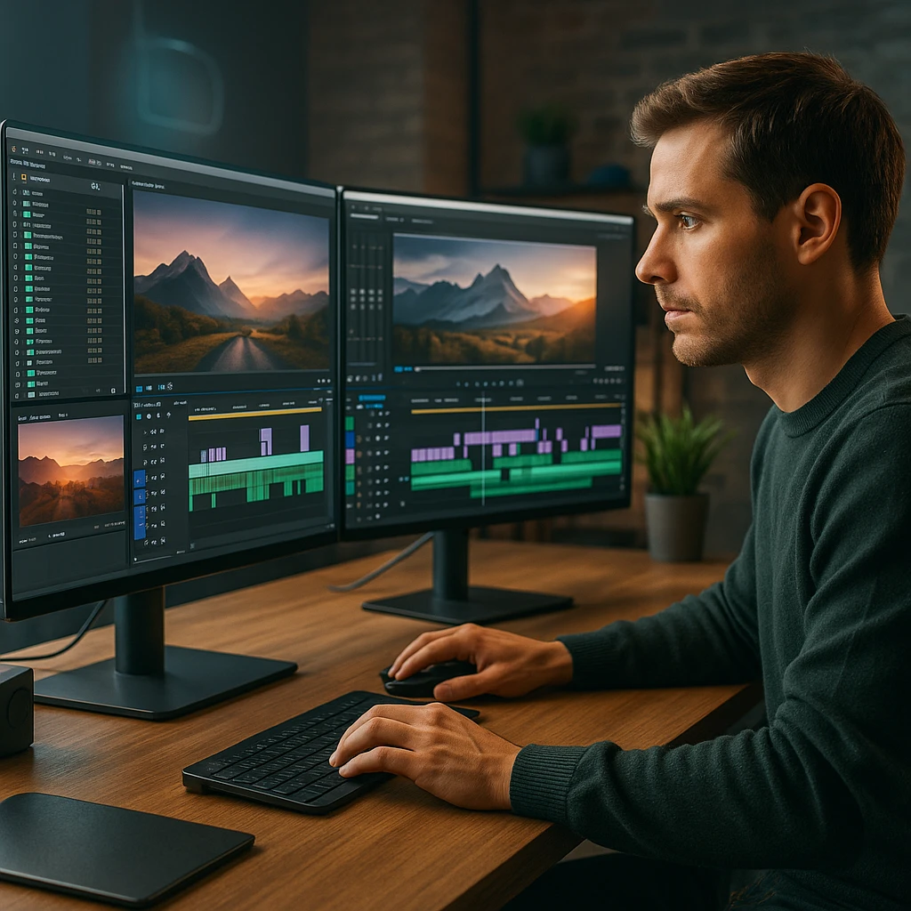 Professional video editor working on multiple monitors with timeline interface, showing organized project structure and editing workflow, modern studio setup